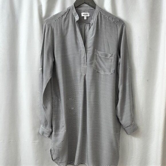 DKNY Gray & White Striped Lightweight Tunic Roll-Tab Sleeves - Picture 1 of 13